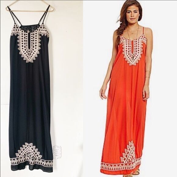 THML Chiffon V-Neck‎ Embroidered Maxi Dress Black S - Picture 1 of 13